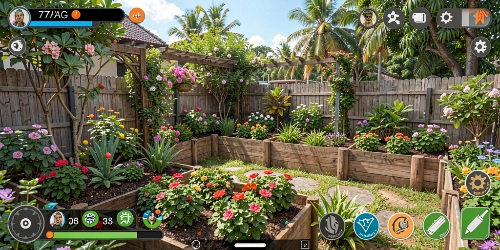 Screenshot gameplay 77AG menunjukkan ladang yang subur dan tanaman yang beragam.