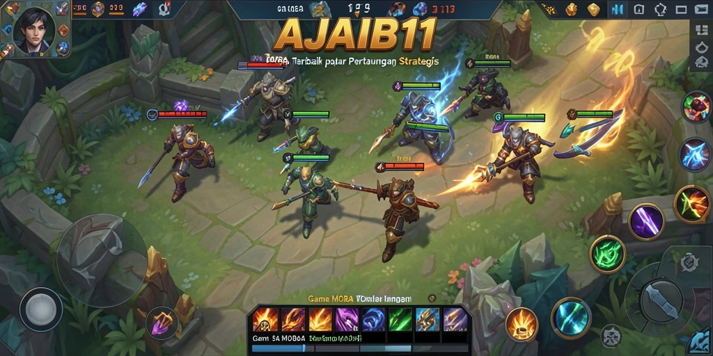 Screenshot AJAIB11 menampilkan pertarungan heroik dalam pertandingan MOBA.