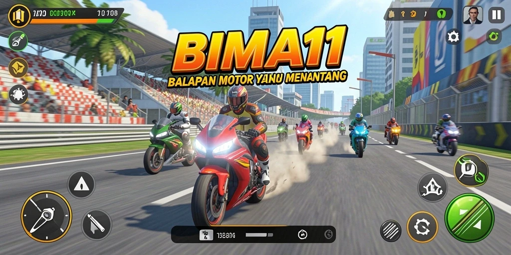Screenshot gameplay BIMA11 yang menunjukkan aksi balapan motor yang seru.