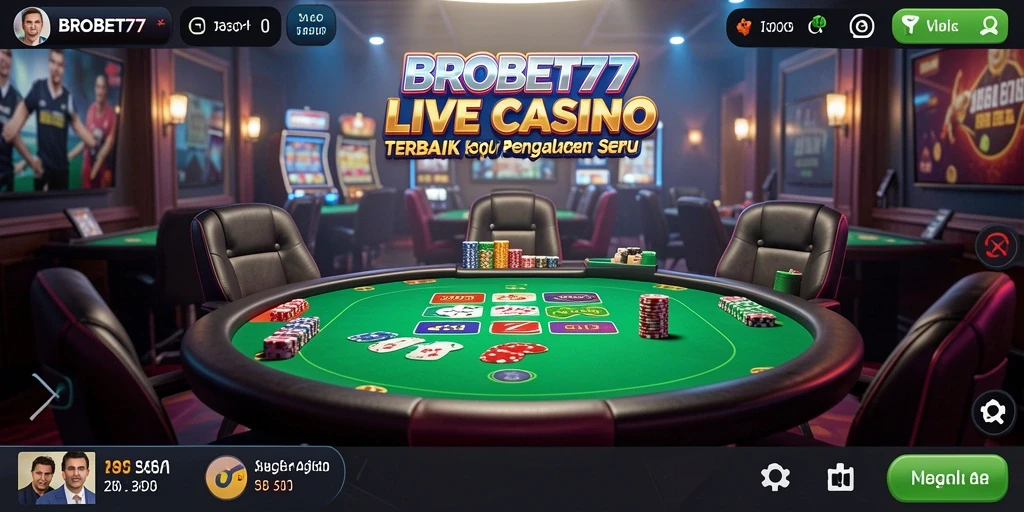 Screenshot gameplay BROBET77 menampilkan dealer live dan atmosfer kasino.