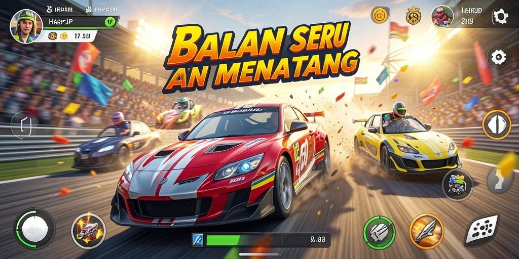 Screenshot gameplay HARAPJP menunjukkan mobil balap di trek yang menantang.