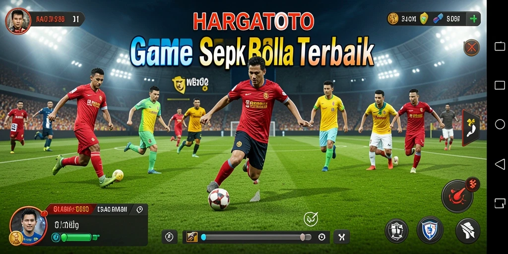 Screenshot gameplay HARGATOTO menampilkan aksi seru di lapangan sepak bola.
