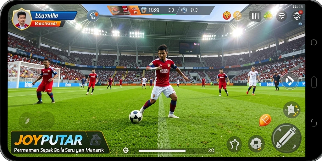 Tangkapan layar dari gameplay <strong>JOYPUTAR</strong> yang menampilkan aksi seru di lapangan sepak bola.