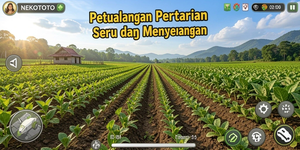 Lihat screenshot gameplay NEKOTOTO yang menunjukkan ladang hijau subur.
