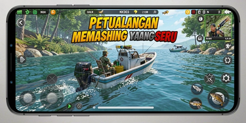 Screenshot dari gameplay NX303 yang menampilkan pengalaman memancing yang seru.