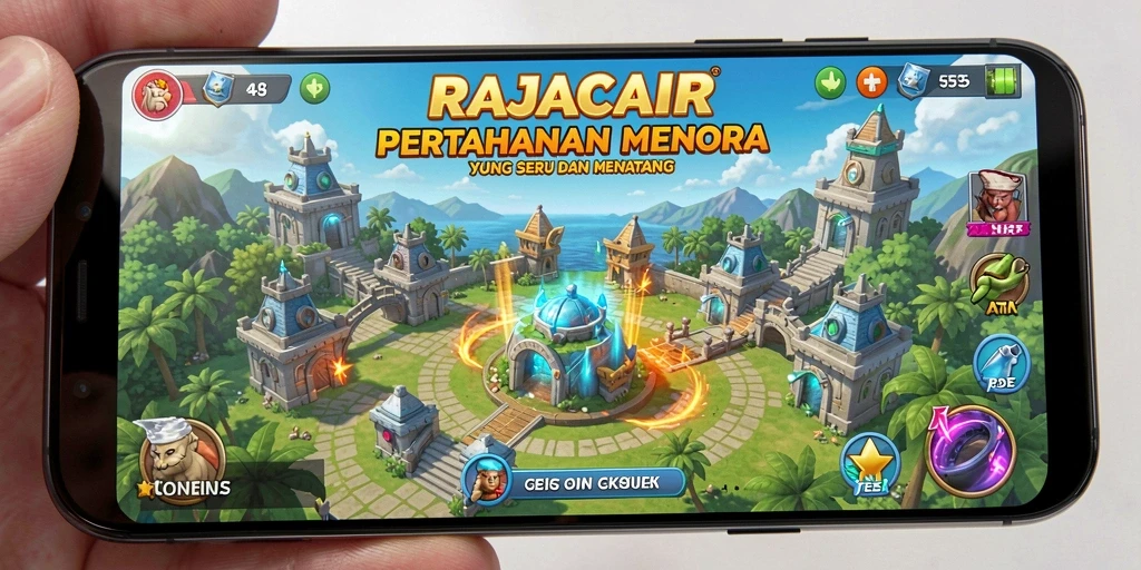 Screenshot gameplay menunjukkan menara strategis dan gelombang musuh.