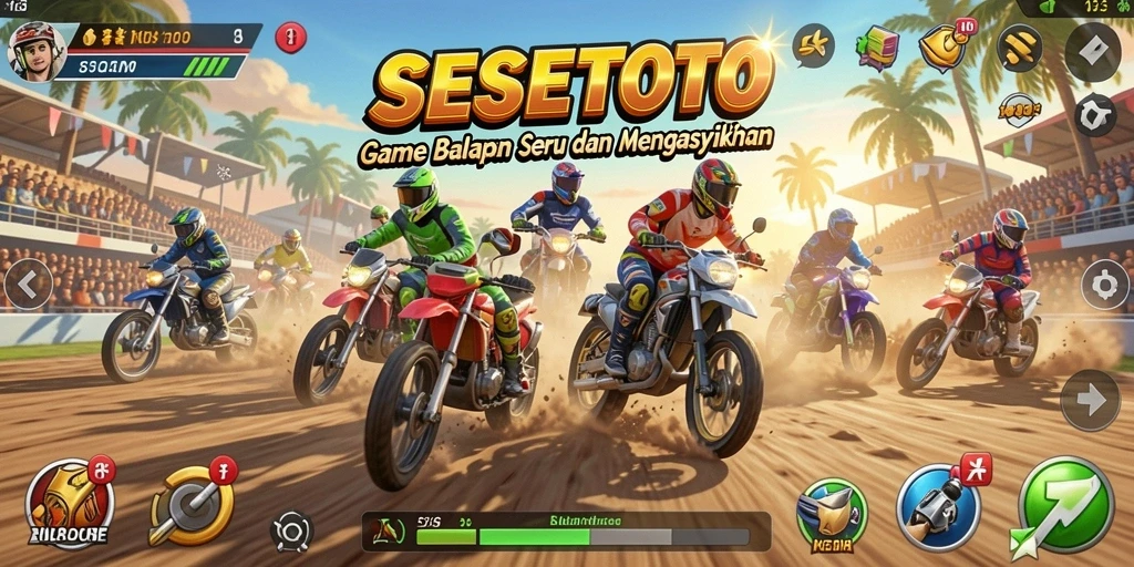 Tampilan utama gameplay SESETOTO dengan mobil balap cepat di lintasan.