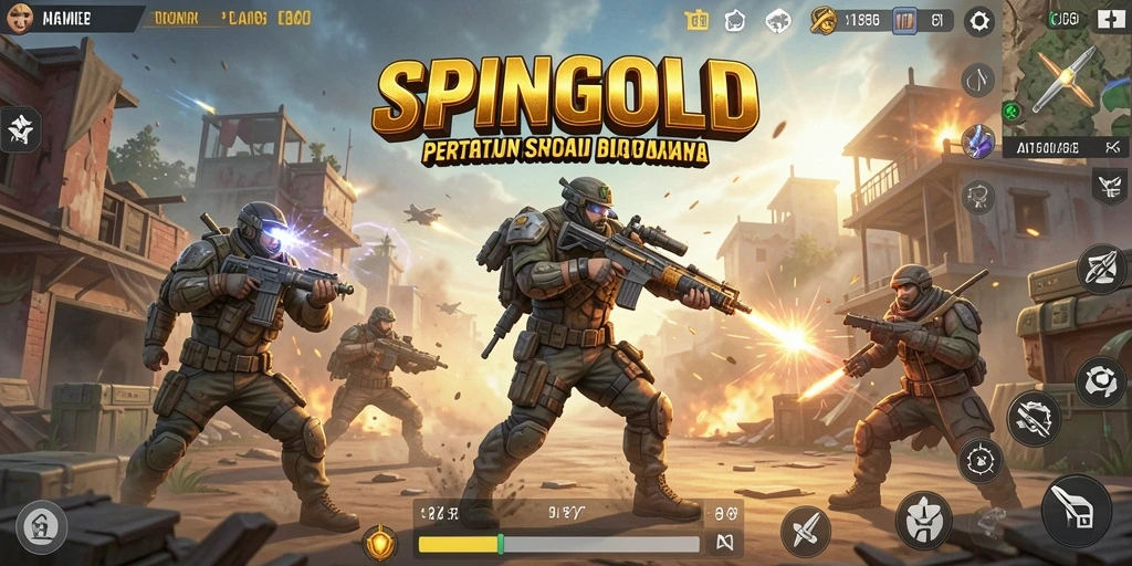 Screenshot gameplay SPINGOLD menampilkan momen seru pertempuran Battle Royale.