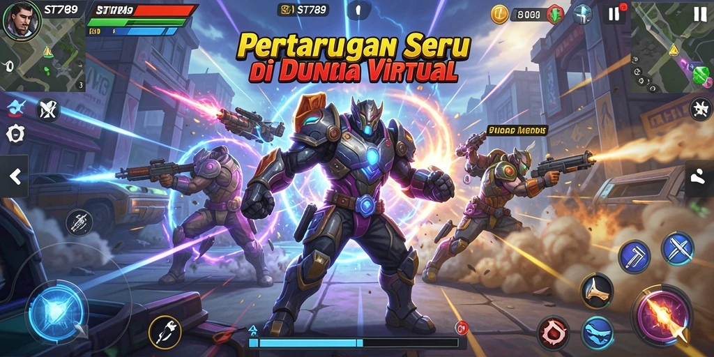 Tampilan gameplay ST789 dengan pertarungan yang intens dan karakter unik.