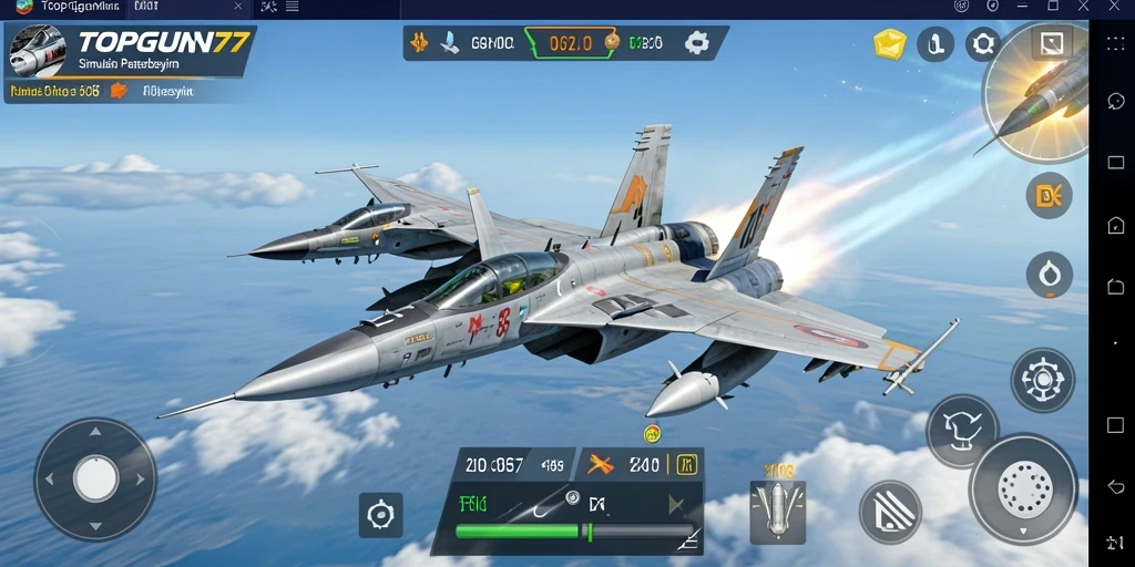 Screenshot gameplay <strong>TOPGUN77</strong> menampilkan pesawat tempur dalam aksi spektakuler.